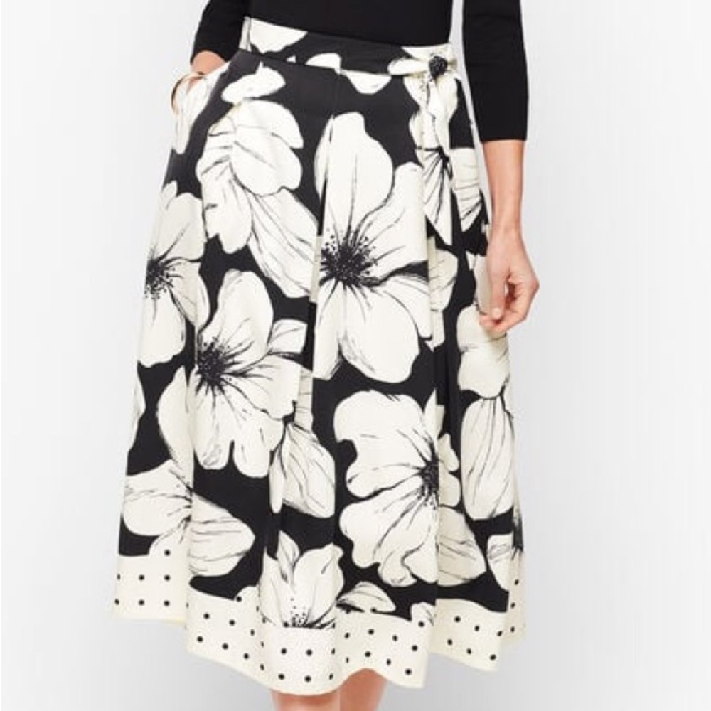 Talbots Primrose Dot Pleated Floral Midi Skirt Black White Belted Lined Size 16